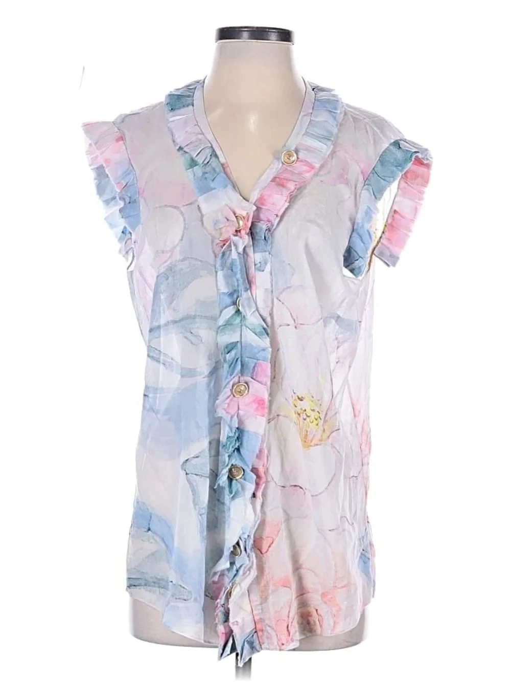 CHANEL Pastel Floral Ruffle-Trim Blouse in Blue and Pink